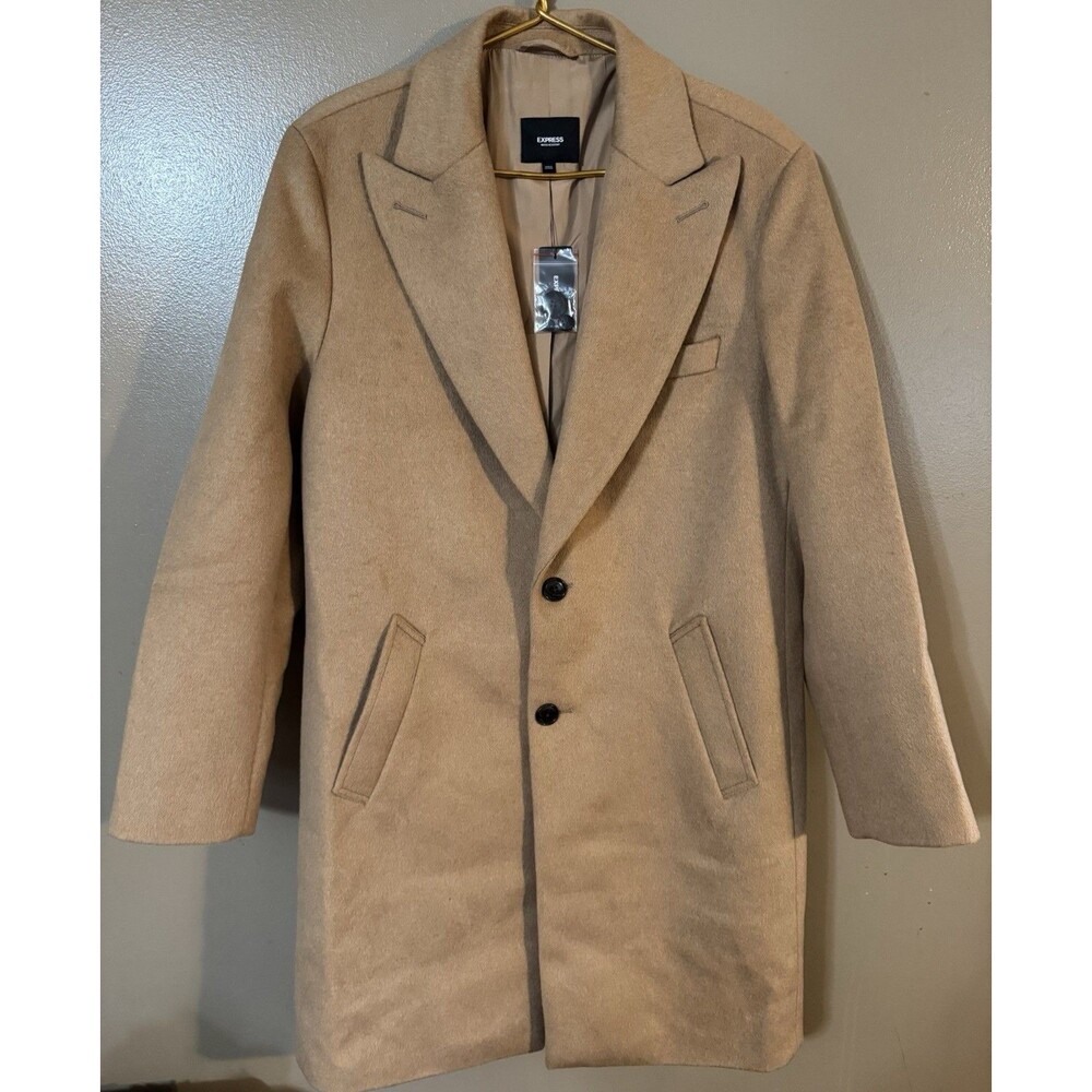 NEW EXPRESS $298 CAMEL DOUBLE BREASTED WATER RESISTANT WOOL BLEND TOPCOAT SZ M
